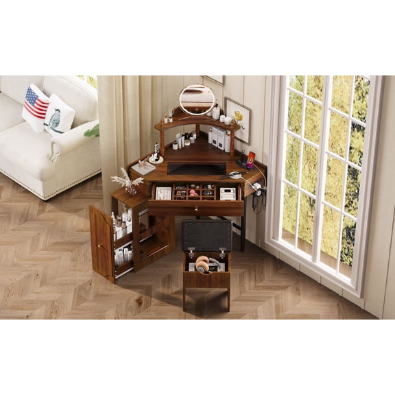 Corner Vanity Desk Set with Storage Cushioned Stool and Charging Station, Triangle Makeup Desk with Removable Pull-Out Side Cabinet, Glass Tabletop Makeup Vanity Desk with Drawer and Shelf, Walnut