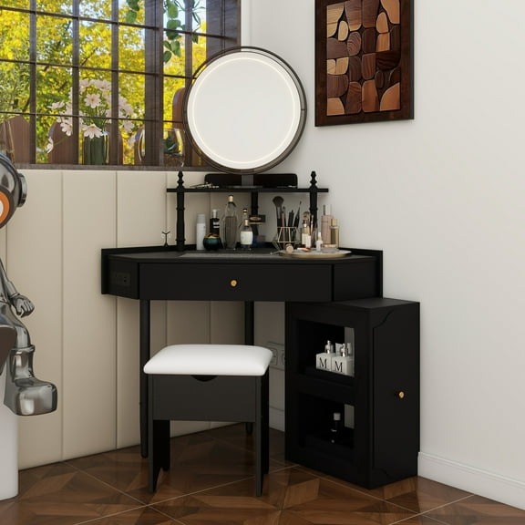 Corner Vanity Desk Set with Storage Cushioned Stool and Charging Station, Triangle Makeup Desk with Removable Pull-Out Side Cabinet, Glass Tabletop Makeup Vanity Desk with Drawer and Shelf, Black