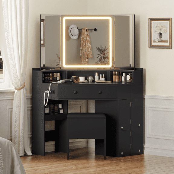 Corner Vanity Desk Set with Tri-Fold Mirror and Lights,with Storage Stool, Makeup Vanities with Drawers &Charging Station, 3 Light Settings,Black Dresser for Girls Bedroom Furniture