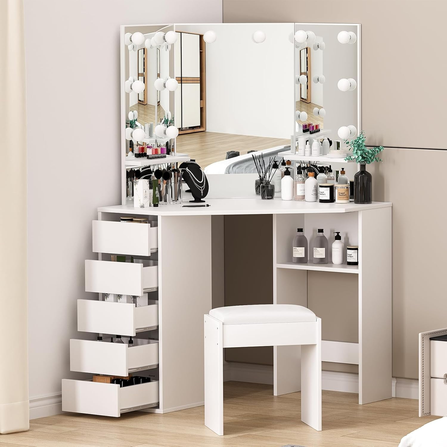 Corner Vanity Desk Set with 3Folding Lighted Mirrors, Makeup Vanity