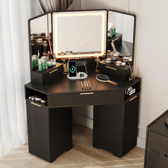 Corner Vanity Desk, Vanity Table with Lighted Mirror, Fluted Makeup Desk with Drawers and Cabinets, Corner Dressing Table with Charging Station for Bedroom, Black