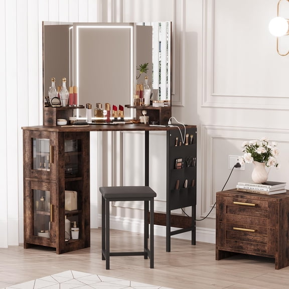 Corner Vanity Desk and Stool, Corner Makeup Vanity with LED Lighted Mirror Charging Station and Cabinet for Bedroom, Brown