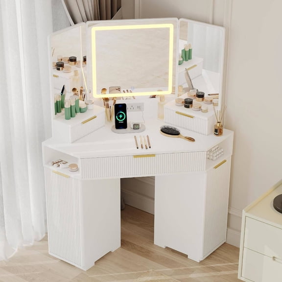 Corner Vanity Desk with Lighted Mirror, Fluted Design, Drawers & Cabinets, Charging Station, White