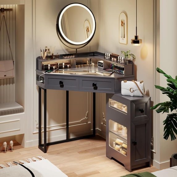 Corner Vanity with Mirror and Lights,Modern Makeup Vanity Set with Power Outlet,Large Storage Dressing Table with Drawers and Shelves for Women/Girls,Grey
