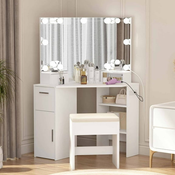 Corner Vanity Mirror with Lights and Table Set & Power Outlet, Multi-functional Makeup Vanity Table with Lights with 2 Drawers & Stool, 3 Ligthing Color Vanity Desk, White