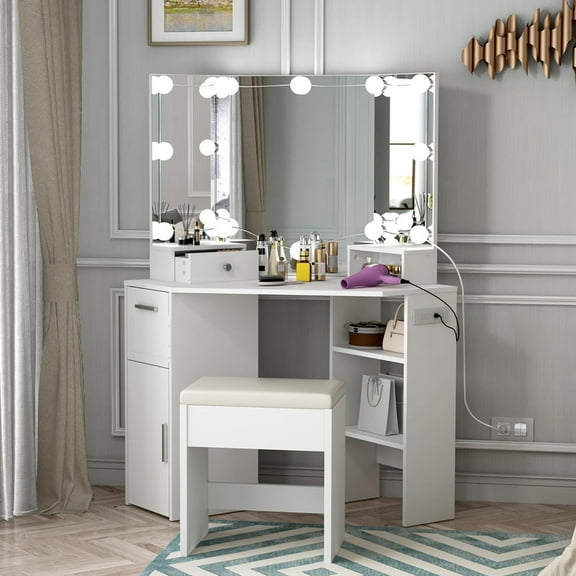 Corner Vanity Mirror with Lights and Table Set & Power Outlet, Makeup Vanity Table with Stool