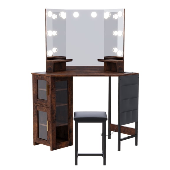 Corner Vanity Set with Stool, Makeup Vanity Desk with LED Lights, Charging Station, 2 Cabinets, Side Shelves.