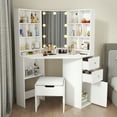 thumbnail image 1 of Corner Vanity Table Set with Lighted Mirror, Makeup Dressing Table with Storage Cabinet and Cushioned Stool, White, 1 of 10