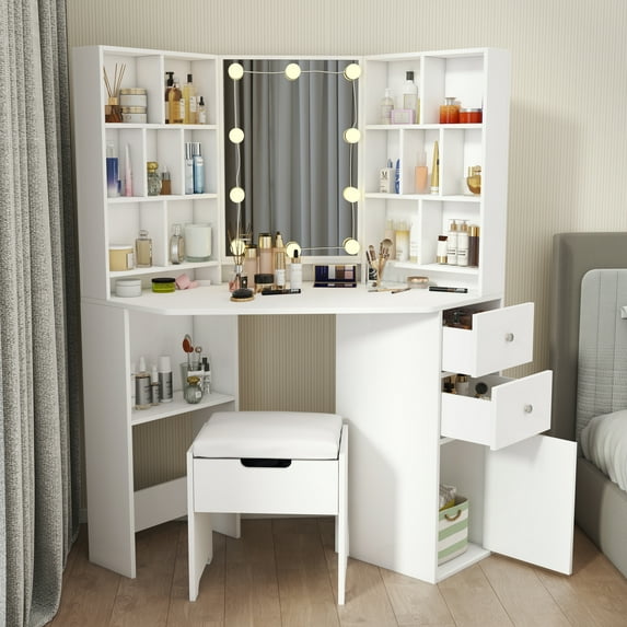 Corner Vanity Table Set with Lighted Mirror, Makeup Dressing Table with Storage Cabinet and Cushioned Stool, White
