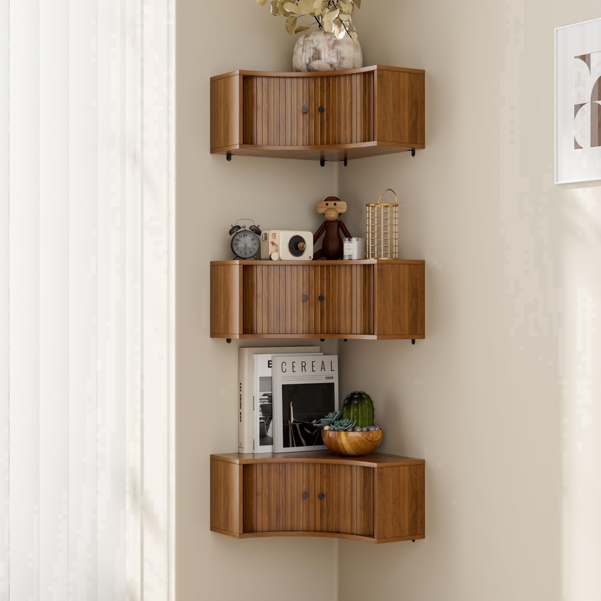 Corner Wall Cabinet Set of 3, Fluted Floating Corner Shelves with Sliding Doors, Wall Storage Organizer for Living Room