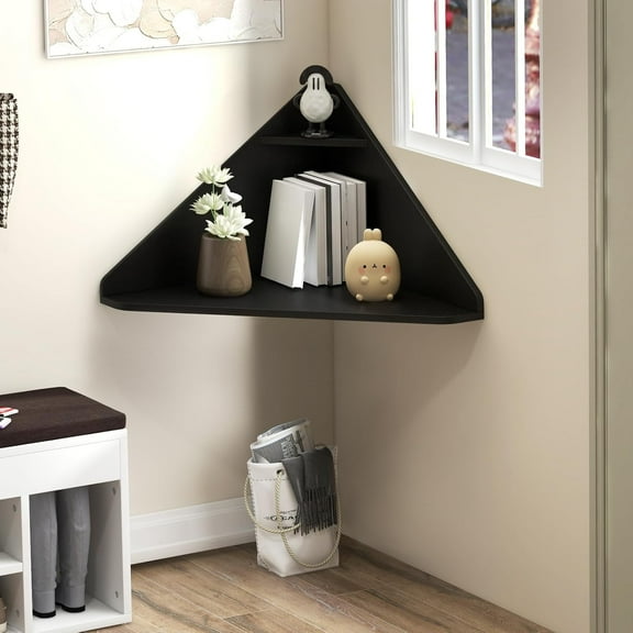 Corner Wall Desk, Small Corner Desk with Storage Shelves, Triangle Writing Table for Small Spaces, Wall Mounted Floating Table for Study, Living Room, Bedroom (Black)