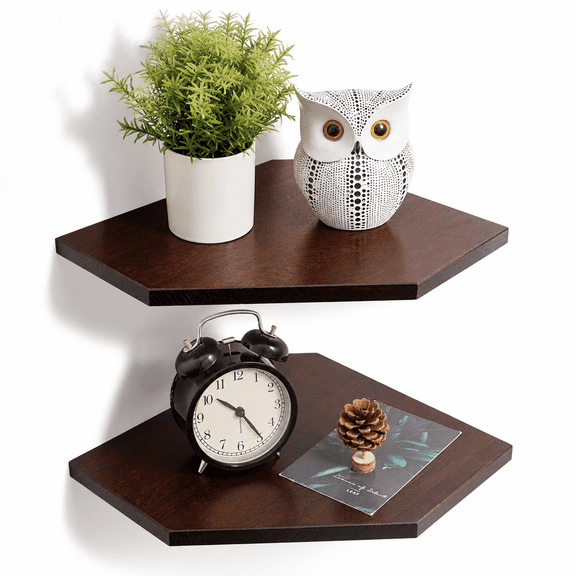 Corner Wall Shelves Set 2 Solid Oak Wood With Wire Hole Mount Walnut