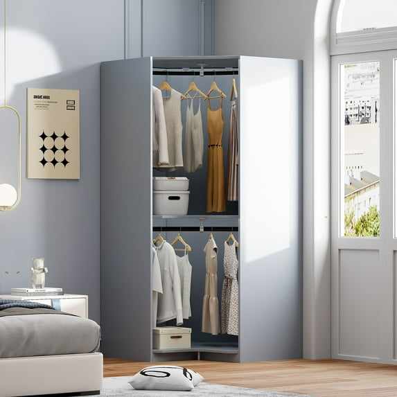 Corner Wardrobe, 63.6'' H Armoire Wardrobe Closet with Hanging Rod, Freestanding Wooden Corner Clothes Storage Closet System for Bedroom, 23.6''W x 43.3"L x 63.6"H, Gray