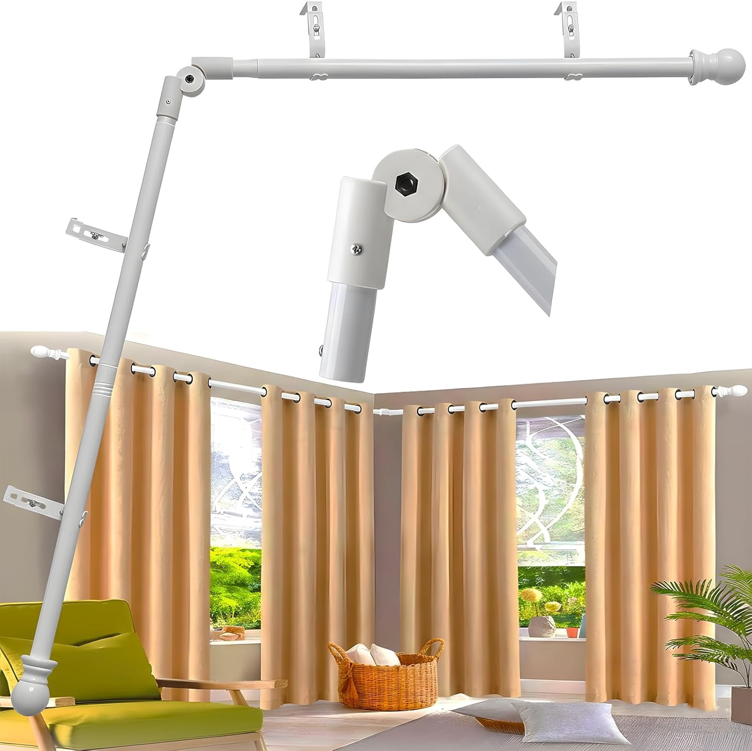 Corner Window Curtain Rod, 1" Heavy Duty L-Shaped Curtain Rods, 36-136" Adjustable with 180° Connector, DIY Angled Curtains Rod for Bay Window, Corner Windows and Curved - White