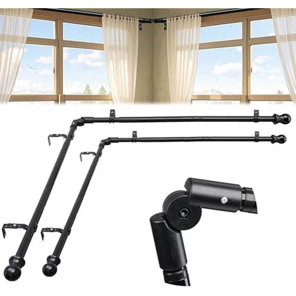 Corner Window Curtain Rods, L Shape Heavy Duty Curved Curtain Rods for Corner Windows with Brackets, 30-136" Adjustable for Bedroom, Living Room, Dinging Room, Black, 2 Pack