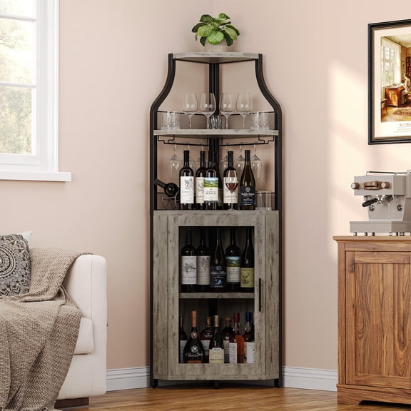Corner Wine Bar Cabinet with Detachable Wine Rack, Glass Holder, Mesh Door, Ample Storage - Small Sideboard & Buffet for Dining Room, Living Room, Kitchen, Grey Grain