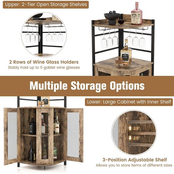 Corner Wine Bar Cabinet, Industrial Wine Cabinet with Metal Mesh Doors & Adjustable Shelf, Liquor Cabinet with Anti-toppling Device, Rustic Brown, 19 x 19 x 51 Inches (Taupe)$$Furniture