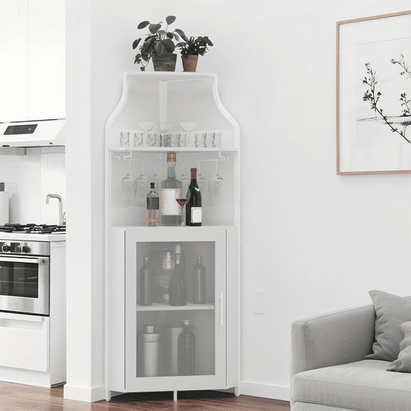 Corner Wine Bar Cabinet with 5-Tier Detachable Rack & Mesh Door – Spacious Storage Sideboard with Glass Holder for Dining Room, Living Room, Kitchen