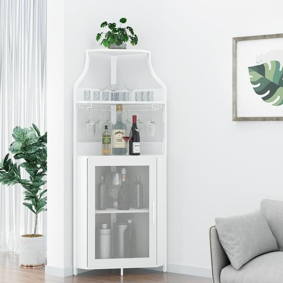 Corner Wine Bar Cabinet with Drawer and Removable Shelve Industrial Liquor Cabinet with Mesh Door Home Bar Cabinet for Liquor and Wine Storage(White)