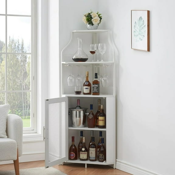 Corner Wine Bar Cabinet with Removable Rack & Adjustable Shelves, 50-Bottle Capacity, LED Lighting Option (Standard/LED)