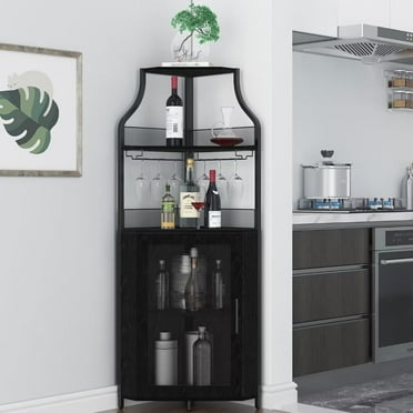 Corner Wine Bar Cabinet, with Removable Shelves and Bottles Wine Storage, Black