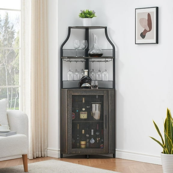 Corner Wine Bar Rack Cabinet with Detachable Wine Rack, Bar Cabinet with Glass Holder, Small Sideboard and Buffet Cabinet with Mesh Door (Dark Rustic Oak)