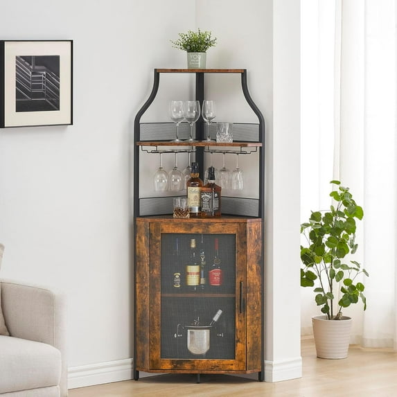 Corner Wine Bar Rack Cabinet with Detachable Wine Rack, Bar Cabinet with Glass Holder, Small Sideboard and Buffet Cabinet with Mesh Door (Retro Brown)