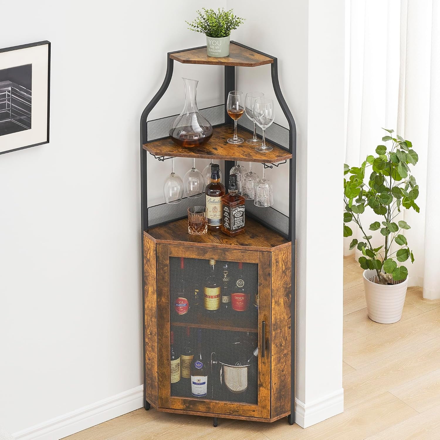 Corner Wine Bar Rack Cabinet with Detachable Wine Rack, Bar Cabinet ...
