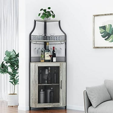 Corner Wine Bar Rack Cabinet with Detachable Wine Rack, Bar Cabinet with Glass Holder, Small Sideboard and Buffet Cabinet with Mesh Door