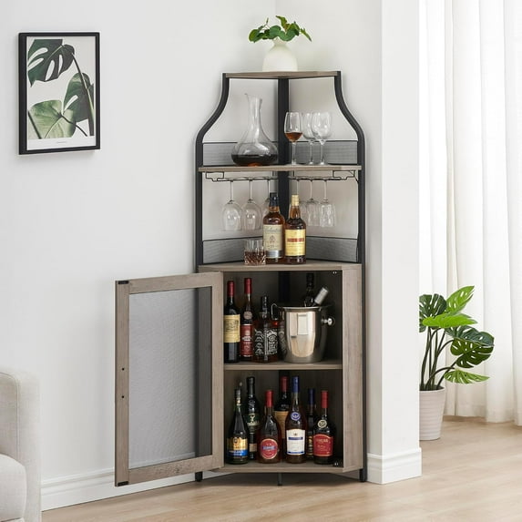 Corner Wine Bar Rack Cabinet with Removable Wine Rack & Glass Holder, Small Sideboard with Mesh Door
