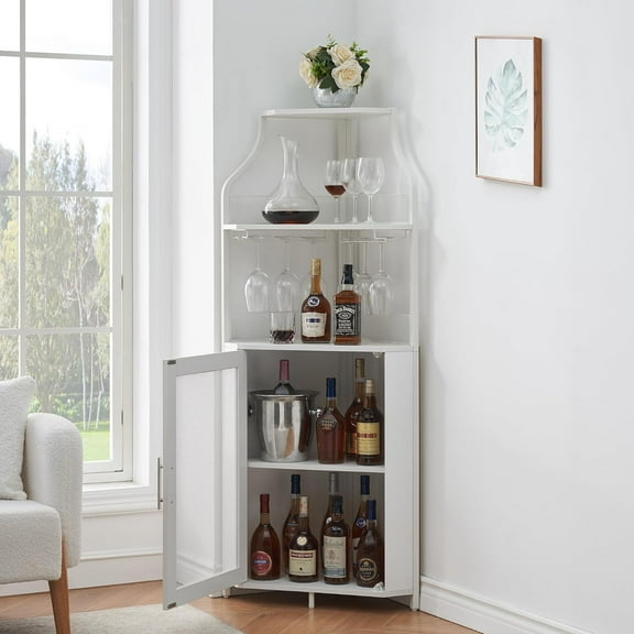 Corner Wine Bar Rack Cabinet with Removable Wine Rack & Glass Holder, Small Sideboard with Mesh Door