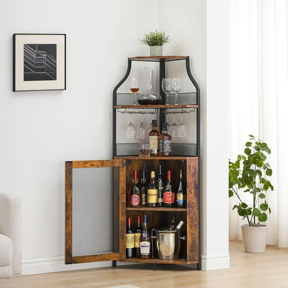 Corner Wine Bar Rack Cabinet with Removable Wine Rack & Glass Holder, Small Sideboard with Mesh Door