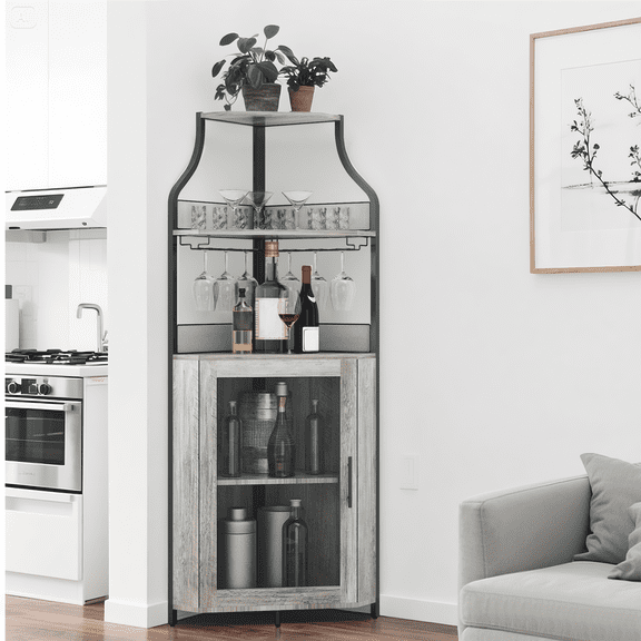 Corner Wine Cabinet, Metal Wine Holder Stand Holds 50+ Bottles & Glassware, Floor Wine Storage for Kitchen Dining Room Office Bar