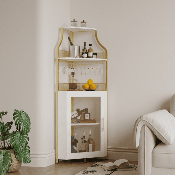 Corner Wine Cabinet, Metal Wine Holder Stand Holds 50+ Bottles & Glassware, Floor Wine Storage for Kitchen Dining Room Office Bar