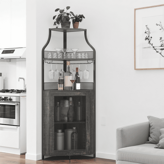 Corner Wine Cabinet, Metal Wine Holder Stand Holds 50+ Bottles & Glassware, Floor Wine Storage for Kitchen Dining Room Office Bar