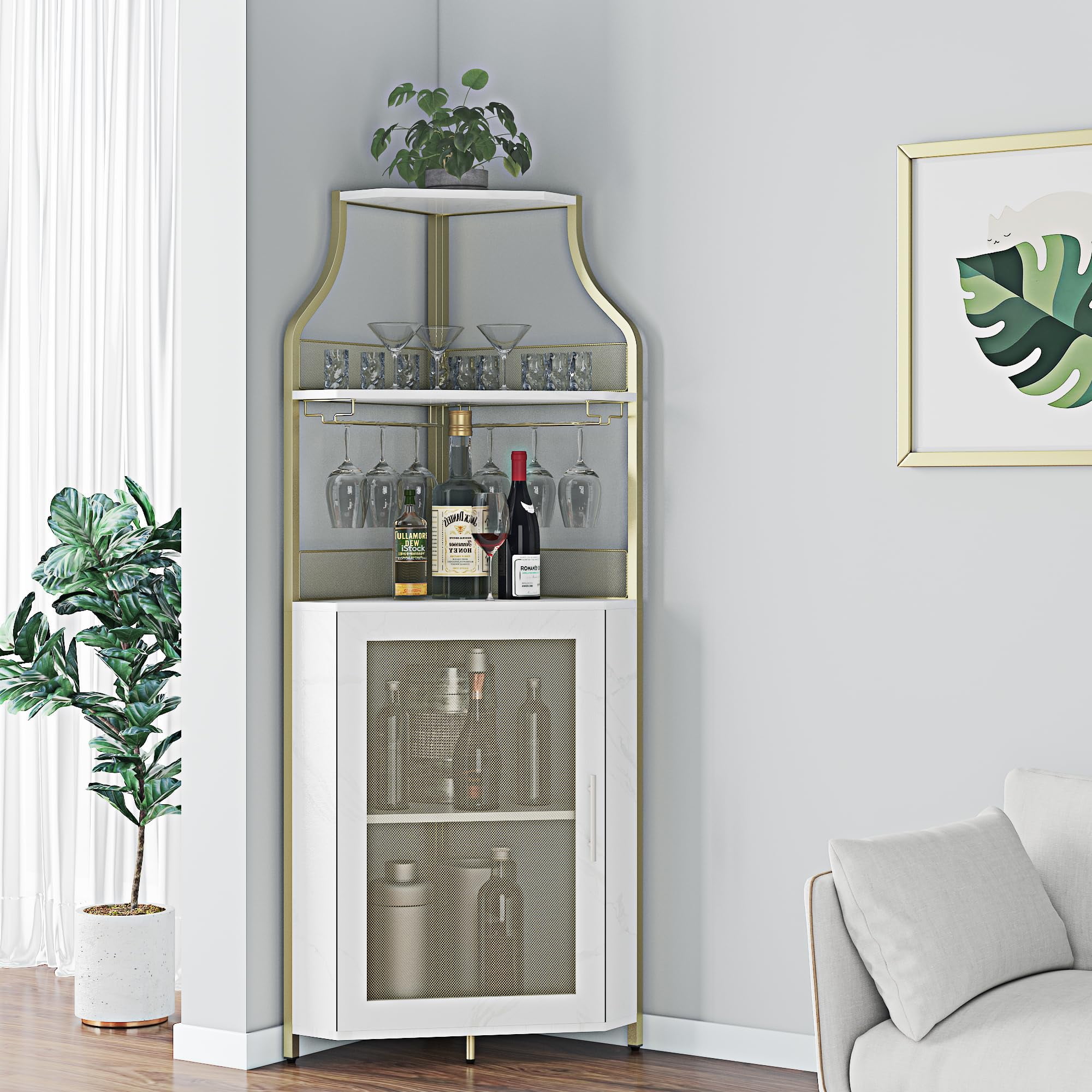 Gold and White Industrial Corner Wine Bar Cabinet with Metal Frame