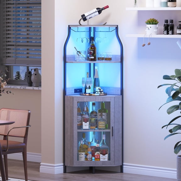 Corner Wine Cabinet with Removable Wine Rack, Industrial Wine Cabinet with Glass Holder and Mesh Door, Liquor Coffee Bar Cabinet with Adjustable Shelves,Grey