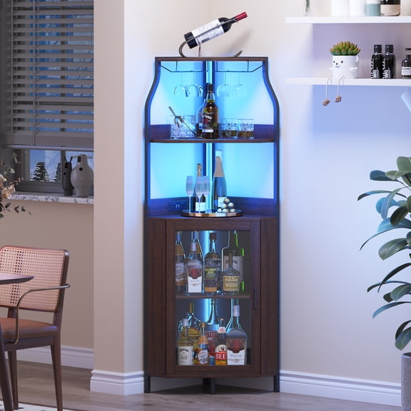 Corner Wine Cabinet with Removable Wine Rack, Industrial Wine Cabinet with Glass Holder and Mesh Door, Liquor Coffee Bar Cabinet with Adjustable Shelves,Rustic Brown