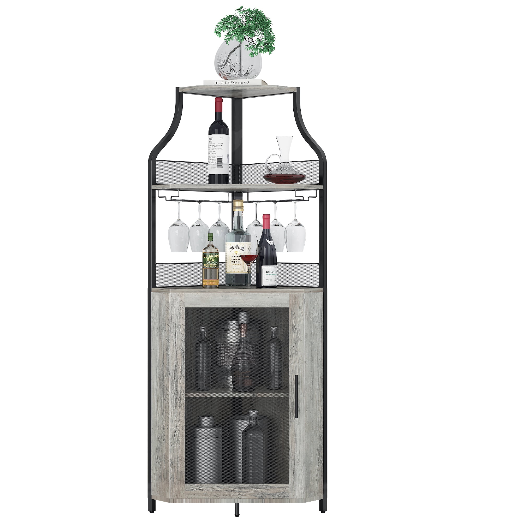 GAOMON Corner Wine Cabinet With Barn Door – Holds 50+ Bottles, Adjustable Racks, Glass Storage, Grey