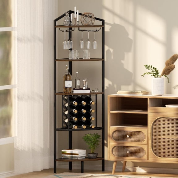Corner Wine Rack 5 Tier Freestanding Floor with Glass Holder Rustic Brown Storage Cabinet for Dining Room Kitchen