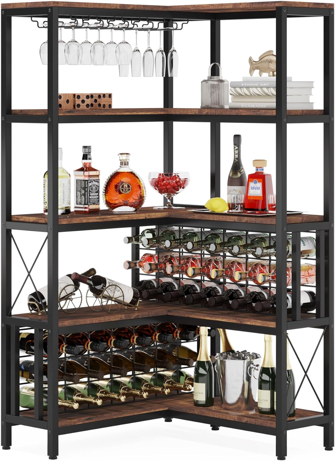Corner Wine Rack 5-Tier L Shaped Bar Cabinets for Liquor and Glasses ...