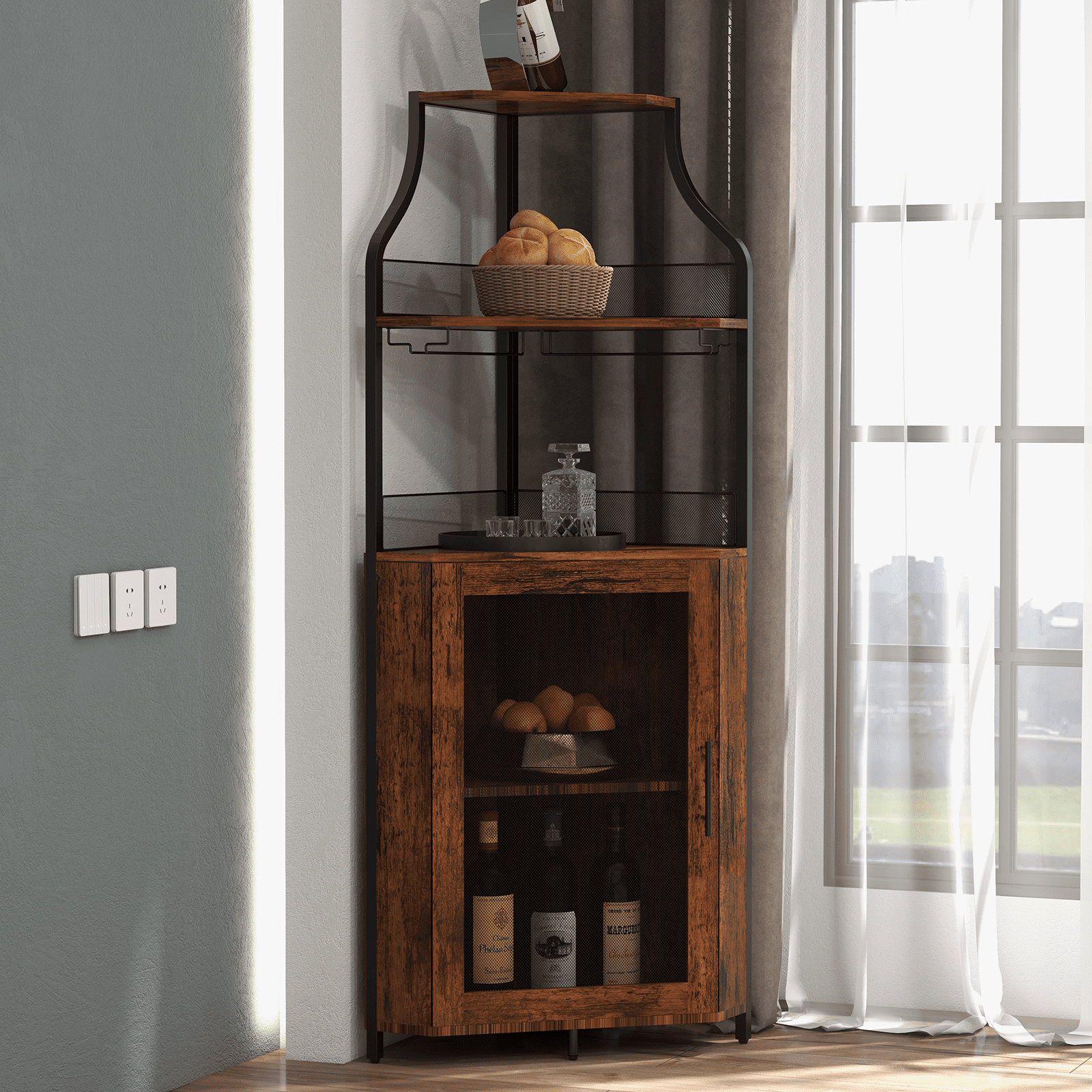 Corner Wine Rack Bar Cabinet with Glass Holder and Storage Shelves Baffle Design Liquor Cabinet with Mesh Door Adjustable Shelf Home Bar Furniture for Living Room Small Space Walmart