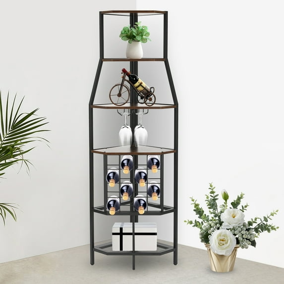 Corner Wine Rack with Glass Holder and Storage Shelves, Metal Wood Freestanding Floor Industrial Corner Bar Brown