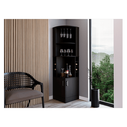 Corner bar cabinet 71" H, with two shelves at the top, 1 glass holder, 8 exterior bottle racks, 1 central shelf and a lower drawer with 2 side doors, black