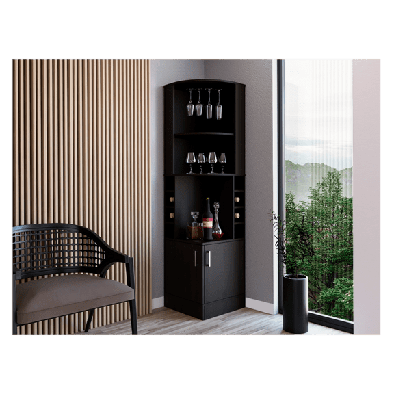 Corner bar cabinet 71" H, with two shelves at the top, 1 glass holder, 8 exterior bottle racks, 1 central shelf and a lower drawer with 2 side doors, black