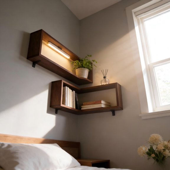 Corner-style shelves, wooden suspended wall-mounted storage display racks, and space-saving three-in-one storage racks