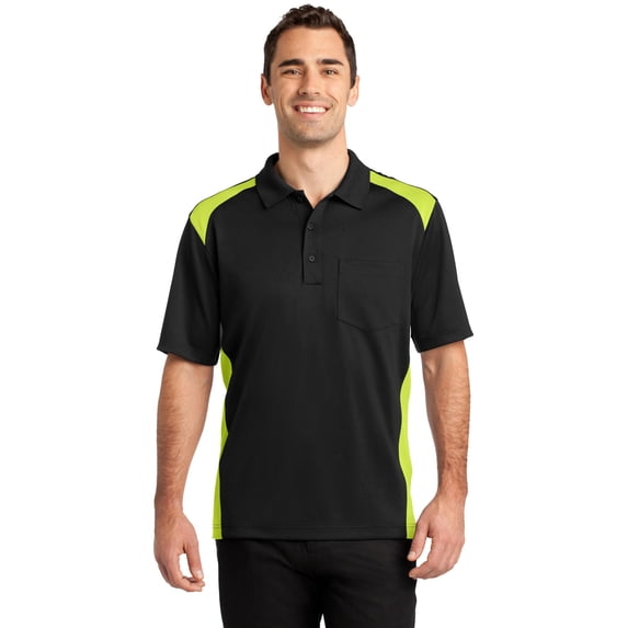 CornerStone CS416 Mens Select Snag-Proof Two Way Colorblock Pocket Polo T-Shirt, Black & Shock Green - 3XL