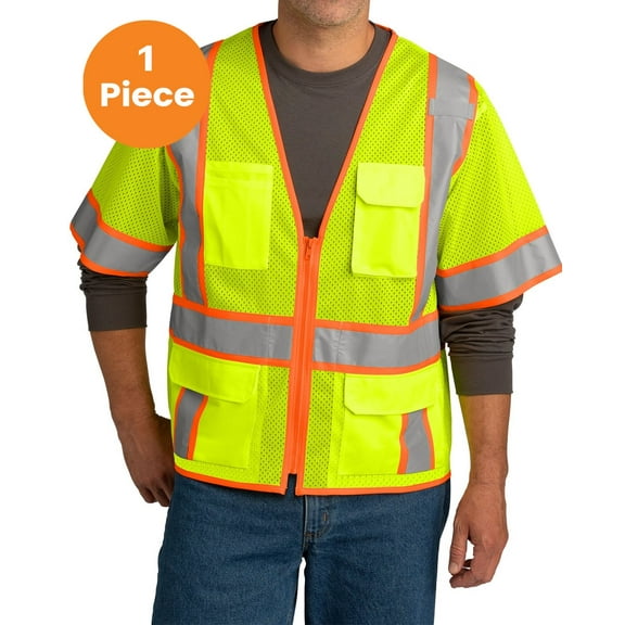 CornerStone CSV106 ANSI 107 Class 3 Surveyor Mesh Zippered Two-Tone Short Sleeve Vest, Safety Yellow, XL, Safety Vests