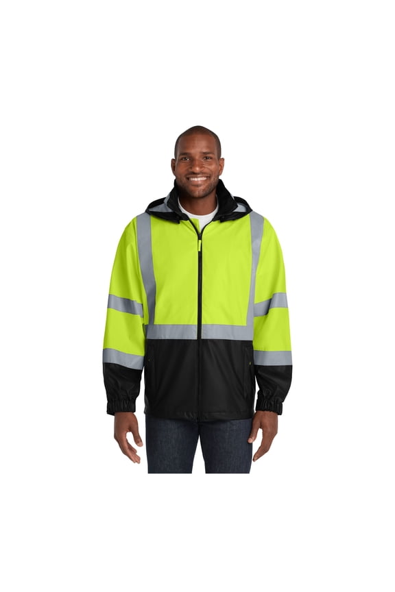 ANSI 107 Class 3 Safety Windbreaker | High Vis, Men & Women Water Resistant Jacket, Drawcord Hem, Snap Off Hood