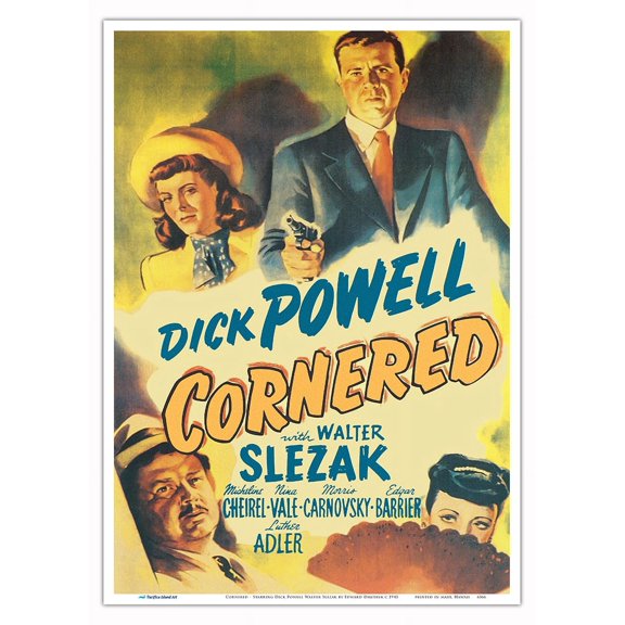 Cornered - Starring Dick Powell Walter Slezak - Directed by Edward Dmytryk - Vintage Film Noir Movie Poster c.1945 - Master Art Print 10in x 14in